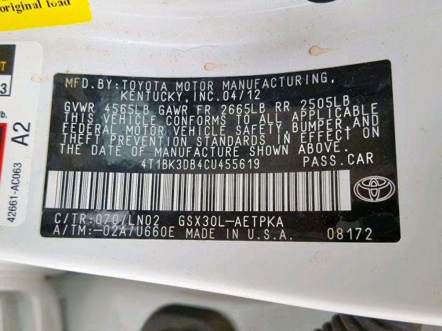 4T1BK3DB4CU455619 - 2012 TOYOTA AVALON BAS WHITE photo 10