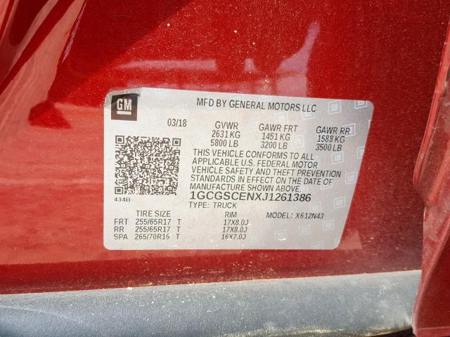 1GCGSCENXJ1261386 - 2018 CHEVROLET COLORADO L RED photo 10