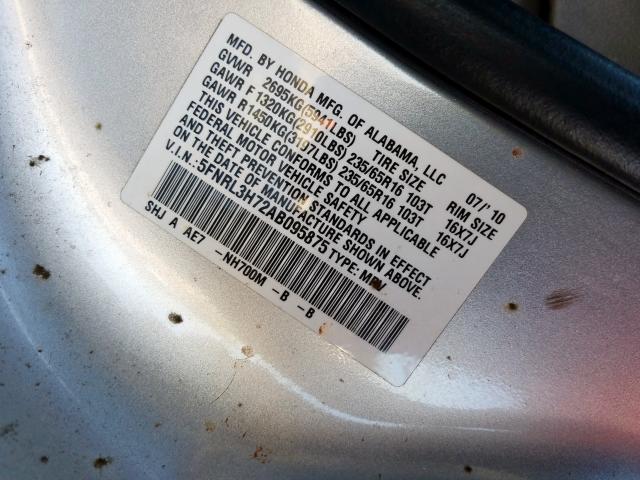 5FNRL3H72AB095875 - 2010 HONDA ODYSSEY EXL  photo 10