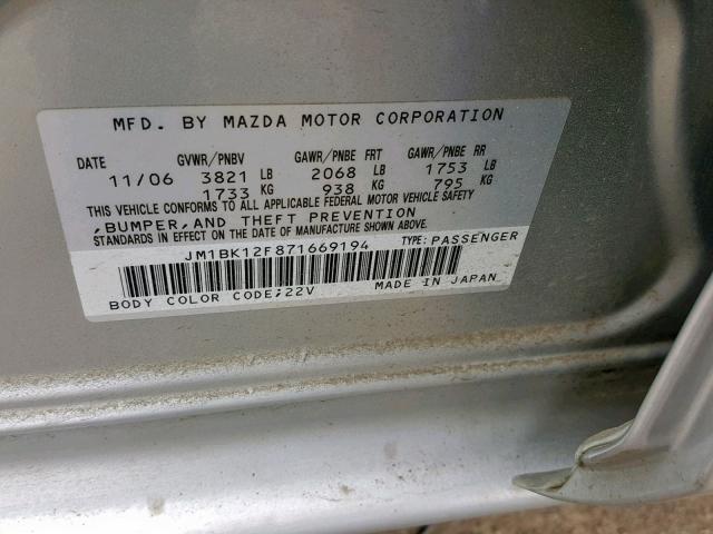 JM1BK12F871669194 - 2007 MAZDA 3 I SILVER photo 10