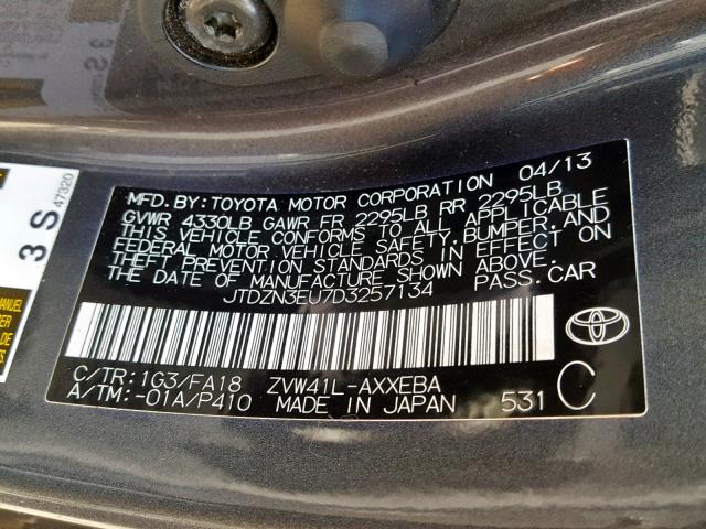 JTDZN3EU7D3257134 - 2013 TOYOTA PRIUS V CHARCOAL photo 10