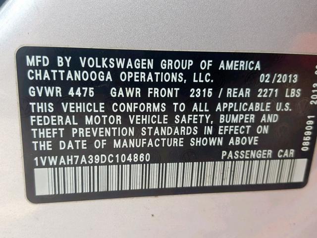 1VWAH7A39DC104860 - 2013 VOLKSWAGEN PASSAT S GRAY photo 10