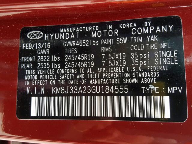 KM8J33A23GU184555 - 2016 HYUNDAI TUCSON LIM RED photo 10