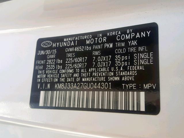 KM8J33A27GU044301 - 2016 HYUNDAI TUCSON LIM WHITE photo 10