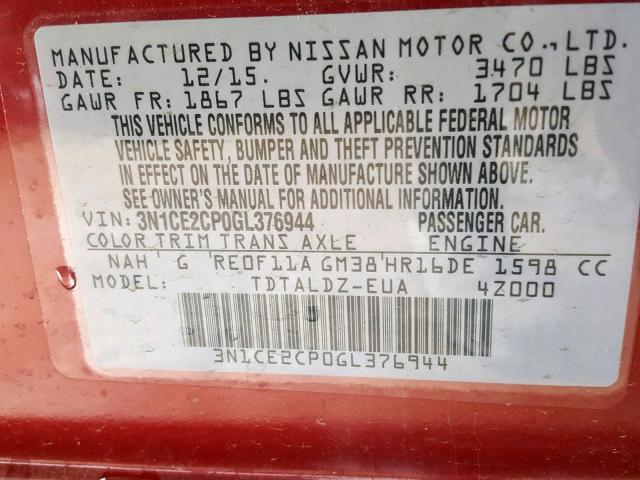 3N1CE2CP0GL376944 - 2016 NISSAN VERSA NOTE RED photo 10