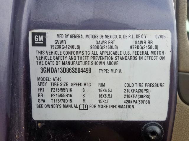 3GNDA13D86S504498 - 2006 CHEVROLET HHR LS  photo 10