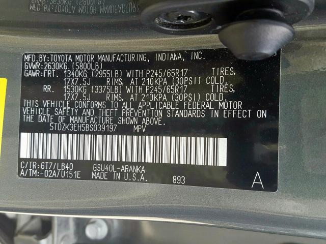 5TDZK3EH5BS039197 - 2011 TOYOTA HIGHLANDER BASE  photo 10