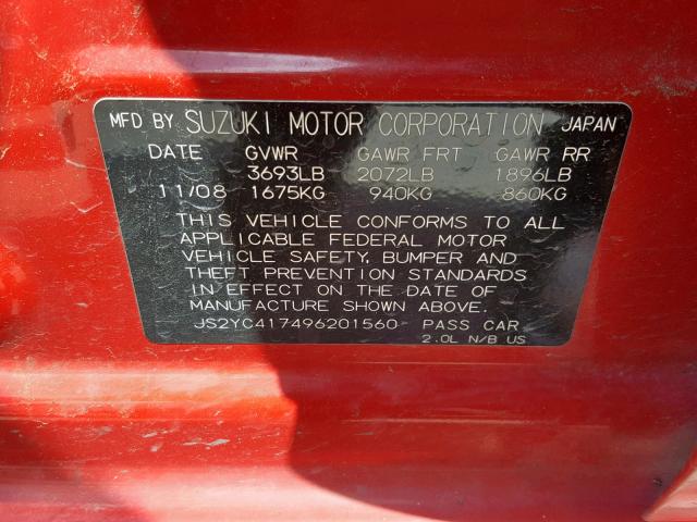 JS2YC417496201560 - 2009 SUZUKI SX4 TOURIN RED photo 10