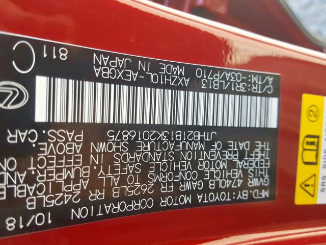 JTHB21B13K2016875 - 2019 LEXUS ES 300H RED photo 10