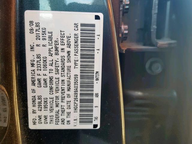 1HGCP26499A035059 - 2009 HONDA ACCORD LXP GRAY photo 10