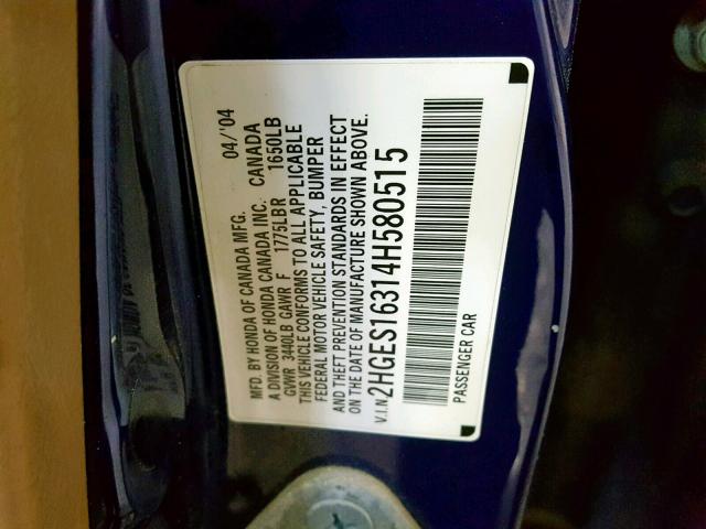 2HGES16314H580515 - 2004 HONDA CIVIC DX V BLUE photo 10