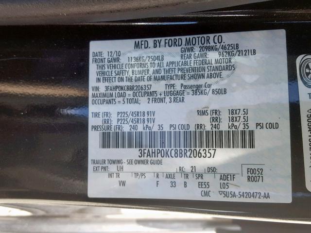 3FAHP0KC8BR206357 - 2011 FORD FUSION SPO BLACK photo 10