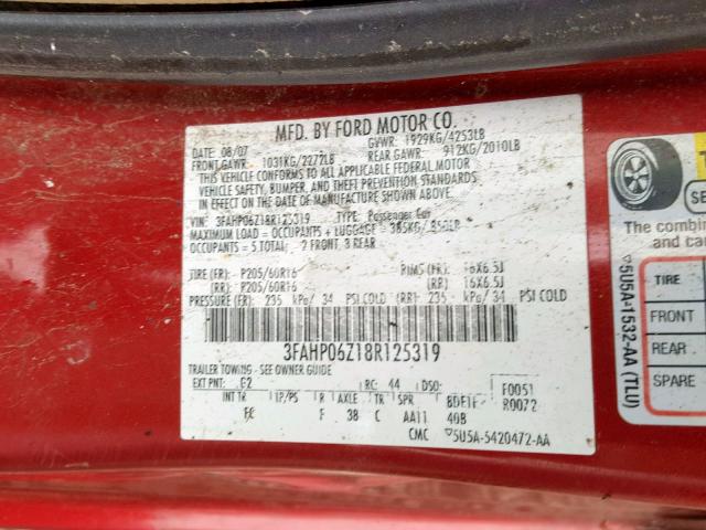3FAHP06Z18R125319 - 2008 FORD FUSION S RED photo 10