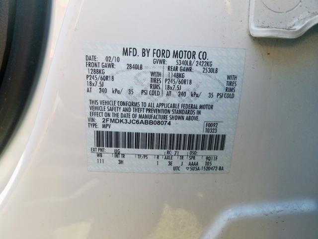 2FMDK3JC6ABB08074 - 2010 FORD EDGE SEL  photo 10