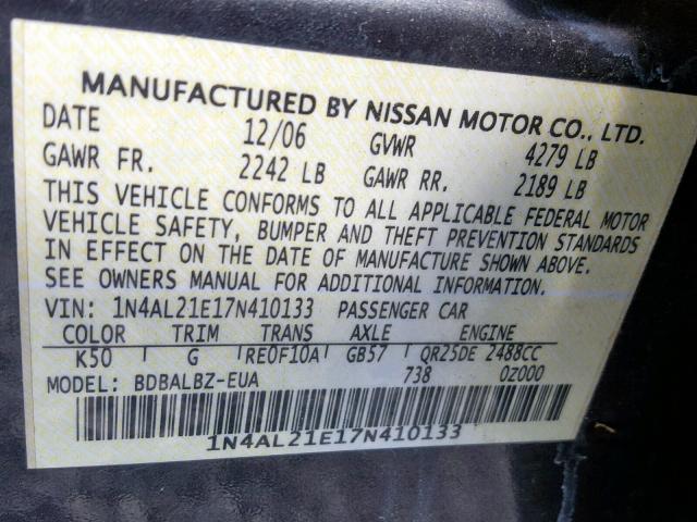 1N4AL21E17N410133 - 2007 NISSAN ALTIMA 2.5 GRAY photo 10