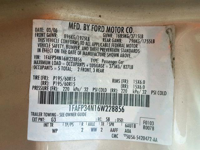 1FAFP34N16W228856 - 2006 FORD FOCUS ZX4 GOLD photo 10