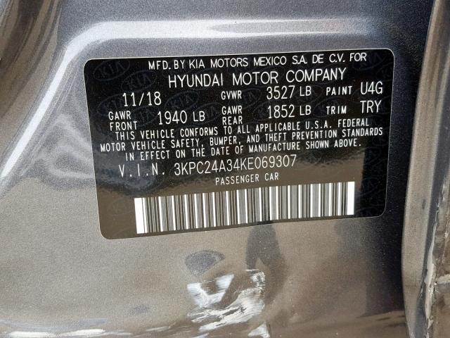 3KPC24A34KE069307 - 2019 HYUNDAI ACCENT SE GRAY photo 10