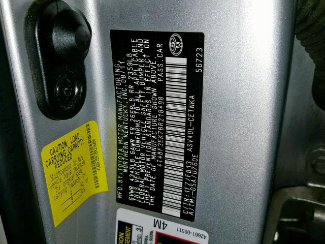 4T4BF3EK7BR218498 - 2011 TOYOTA CAMRY BASE SILVER photo 10