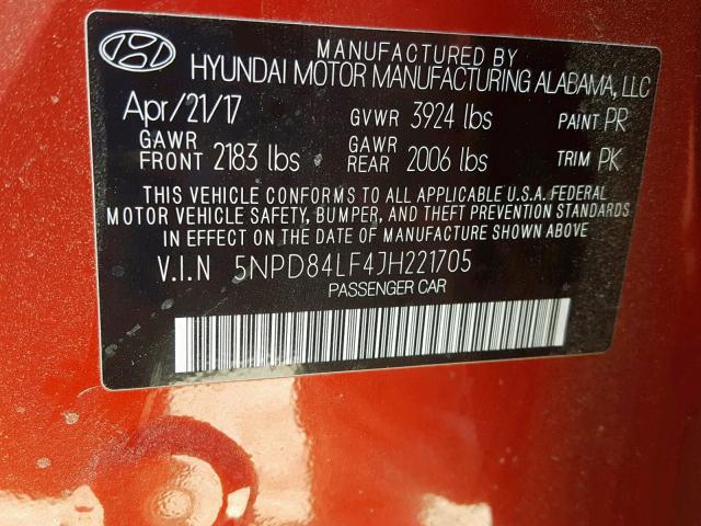 5NPD84LF4JH221705 - 2018 HYUNDAI ELANTRA SE RED photo 10