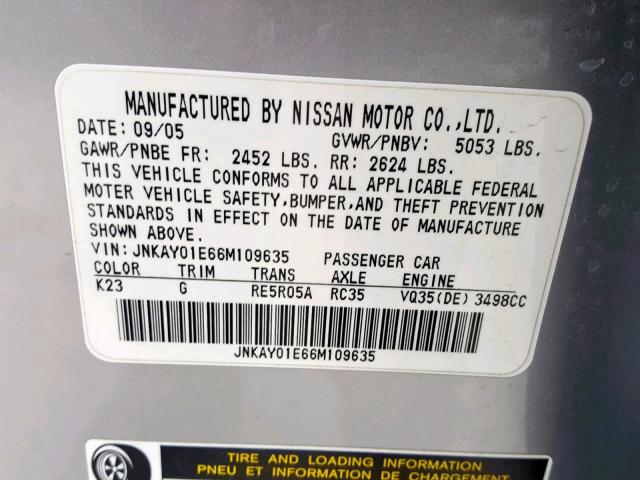 JNKAY01E66M109635 - 2006 INFINITI M35 BASE SILVER photo 10