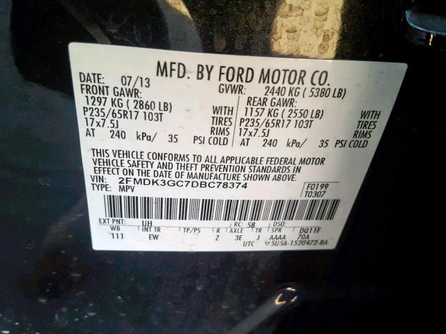 2FMDK3GC7DBC78374 - 2013 FORD EDGE SE BLACK photo 10