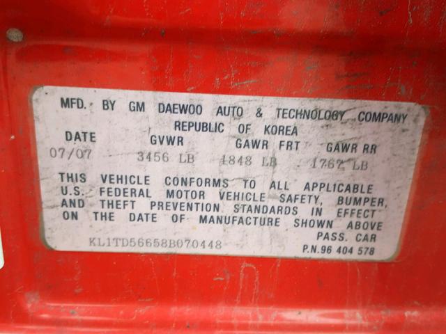 KL1TD56658B070448 - 2008 CHEVROLET AVEO BASE Qırmızı foto 10
