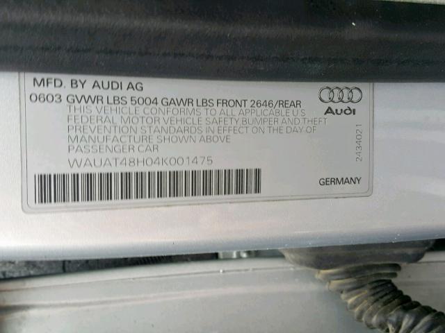 WAUAT48H04K001475 - 2004 AUDI A4 3.0 CAB SILVER photo 10