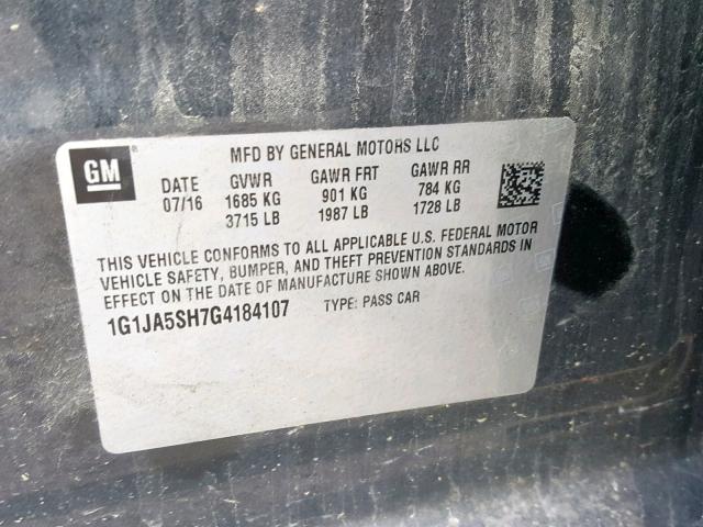 1G1JA5SH7G4184107 - 2016 CHEVROLET SONIC LS 石墨色 照片 10