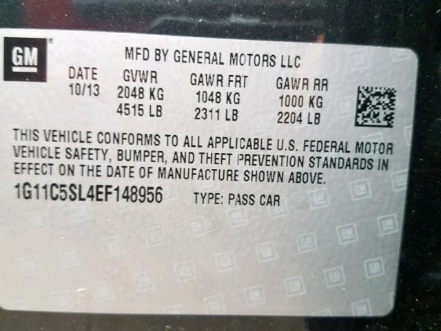 1G11C5SL4EF148956 - 2014 CHEVROLET MALIBU 1LT BLACK photo 10
