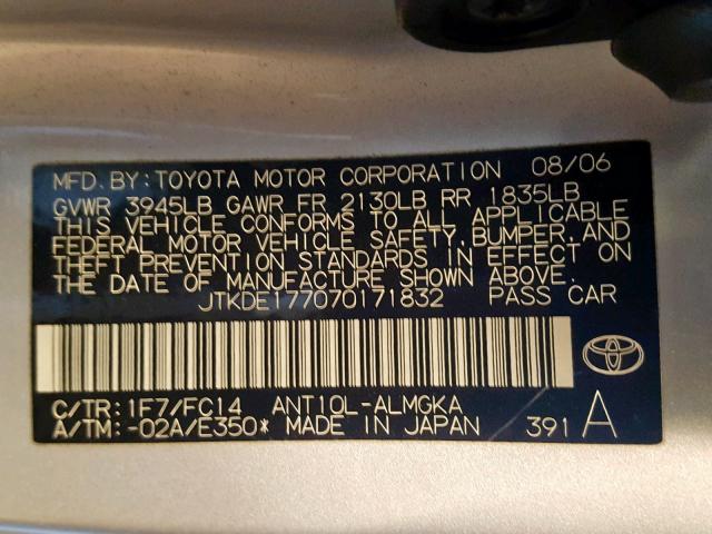 JTKDE177070171832 - 2007 TOYOTA SCION TC ვერცხლისფერი ფოტო 10