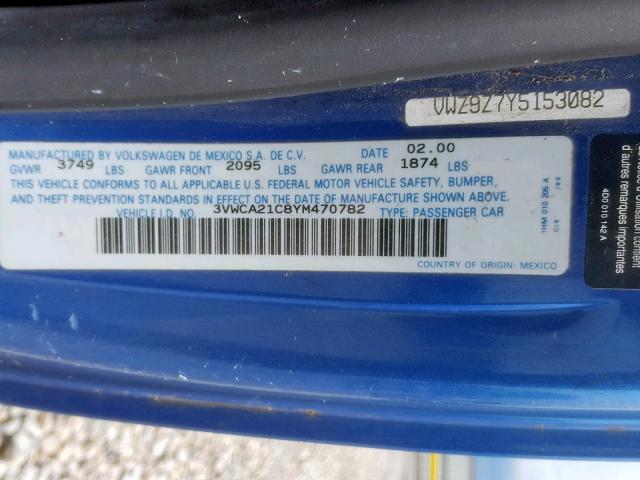 3VWCA21C8YM470782 - 2000 VOLKSWAGEN NEW BEETLE Blau Foto 10