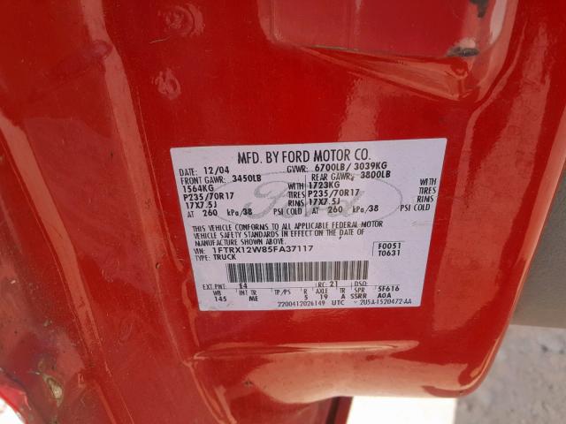 1FTRX12W85FA37117 - 2005 FORD F150 RED photo 10