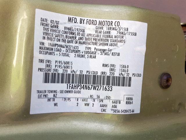 1FAHP34N67W271633 - 2007 FORD FOCUS ZX4 GREEN photo 10