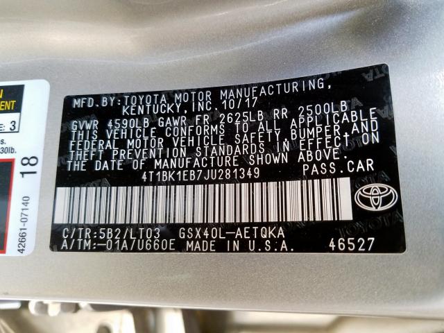 4T1BK1EB7JU281349 - 2018 TOYOTA AVALON XLE  photo 10