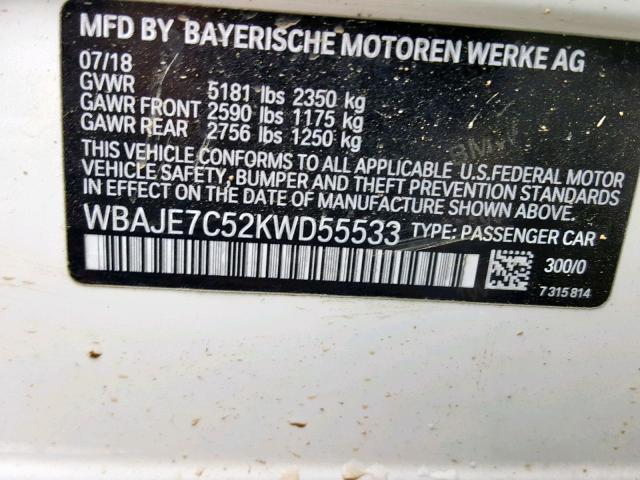 WBAJE7C52KWD55533 - 2019 BMW 540 XI WHITE photo 10