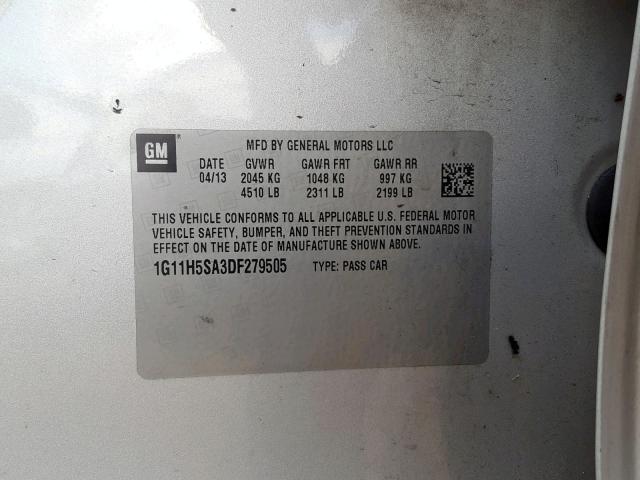 1G11H5SA3DF279505 - 2013 CHEVROLET MALIBU LTZ ვერცხლისფერი ფოტო 10