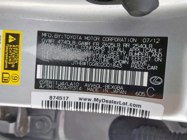 JTHBW1GG8D2001843 - 2013 LEXUS ES 300H SILVER photo 10