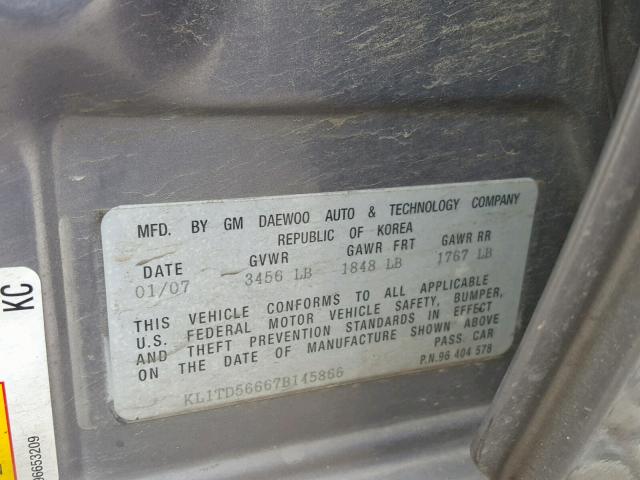 KL1TD56667B145866 - 2007 CHEVROLET AVEO BASE ნაცრისფერი ფოტო 10