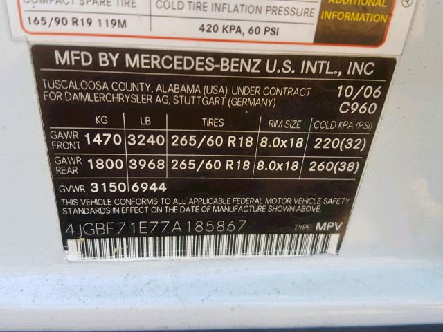 4JGBF71E77A185867 - 2007 MERCEDES-BENZ GL 450 4MA WHITE photo 10