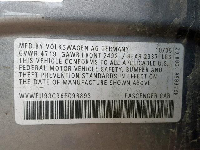 WVWEU93C96P096893 - 2006 VOLKSWAGEN PASSAT 3.6 GRAY photo 10