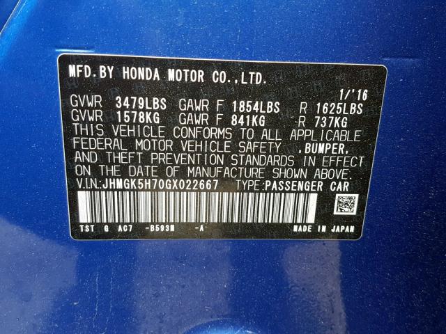 JHMGK5H70GX022667 - 2016 HONDA FIT EX BLUE photo 10