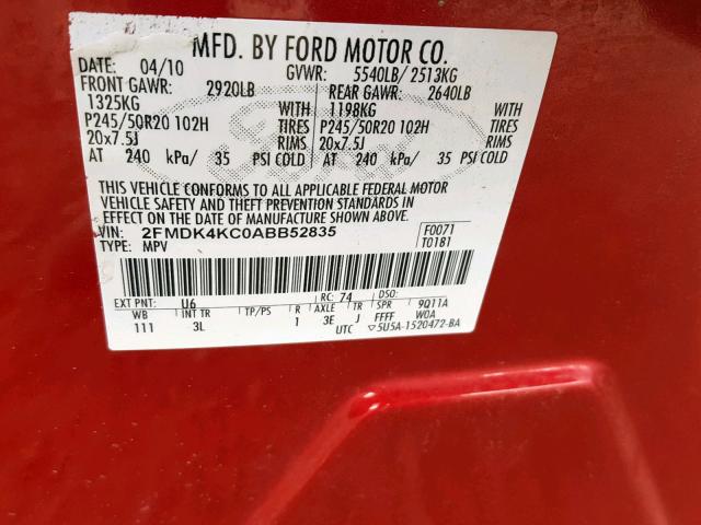 2FMDK4KC0ABB52835 - 2010 FORD EDGE LIMIT RED photo 10