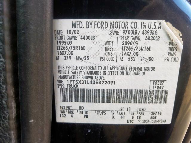 1FTSX31L43EB22091 - 2003 FORD F350 SRW SUPER DUTY  photo 10