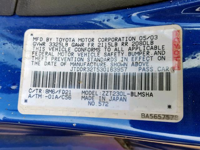 JTDDR32T530163957 - 2003 TOYOTA CELICA GT BLUE photo 10