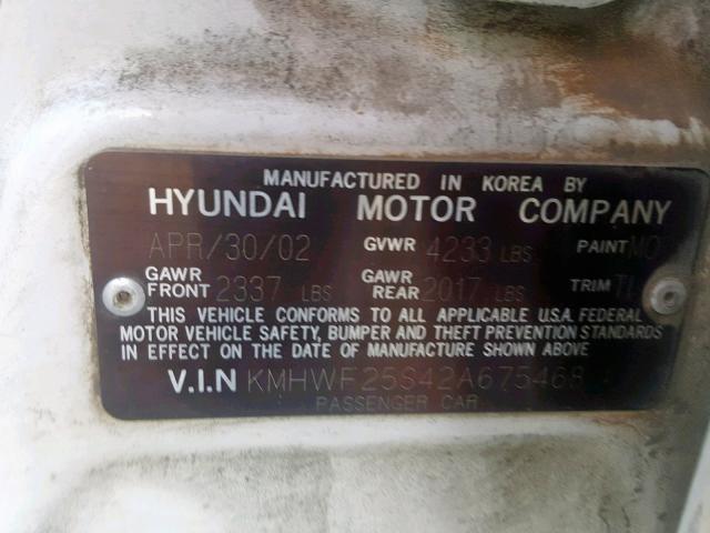 KMHWF25S42A675468 - 2002 HYUNDAI SONATA GL WHITE photo 10