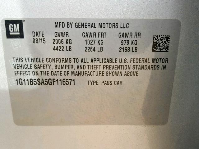 1G11B5SA5GF116571 - 2016 CHEVROLET MALIBU LIM 银色 照片 10