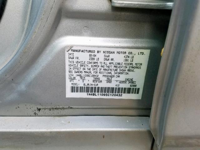 1N4BL11D95C120432 - 2005 NISSAN ALTIMA SE SILVER photo 10