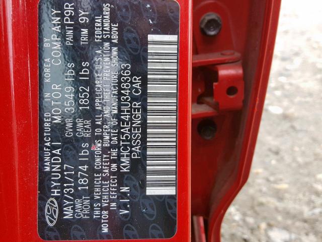 KMHCT5AE4HU348363 - 2017 HYUNDAI ACCENT SE RED photo 10