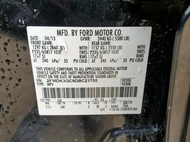 2FMDK3GC9DBC21755 - 2013 FORD EDGE SE BLACK photo 10