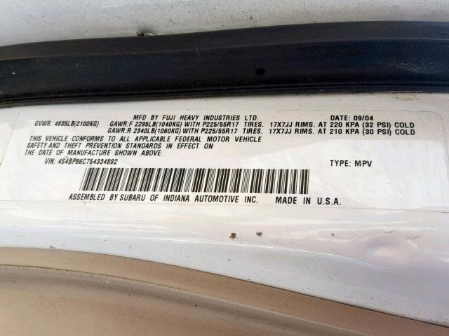 4S4BP86C754334882 - 2005 SUBARU LEGACY OUT WHITE photo 10